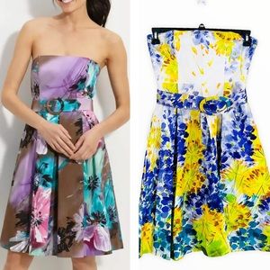 Muse Blue‎ & Yellow Floral Strapless Belted Dress Size 4